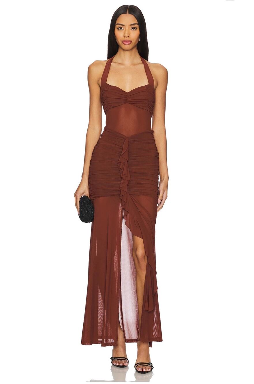 Runaway The Label Tallula Maxi Dress Espresso Women's L Halter Ruffle Mesh Sexy